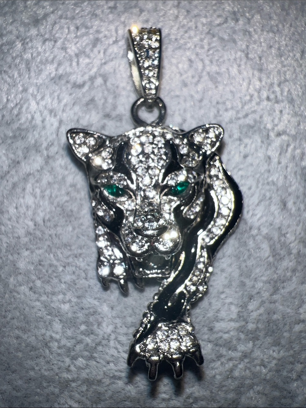 Silver Crystal Panther Pendant Necklace with Green Eyes